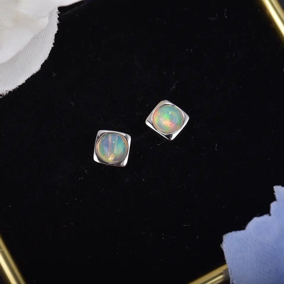 Natural Ethiopia Real Opal Ear Studs - Rainbows Opal Sterling Silver Earrings - Picture 5 of 12